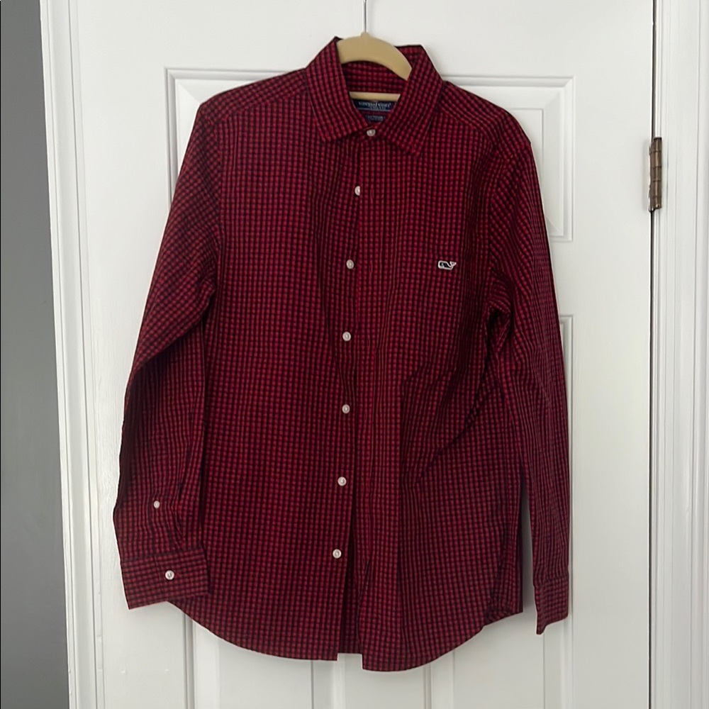 Vineyard Vines Men's Red and Black Plaid Shirt